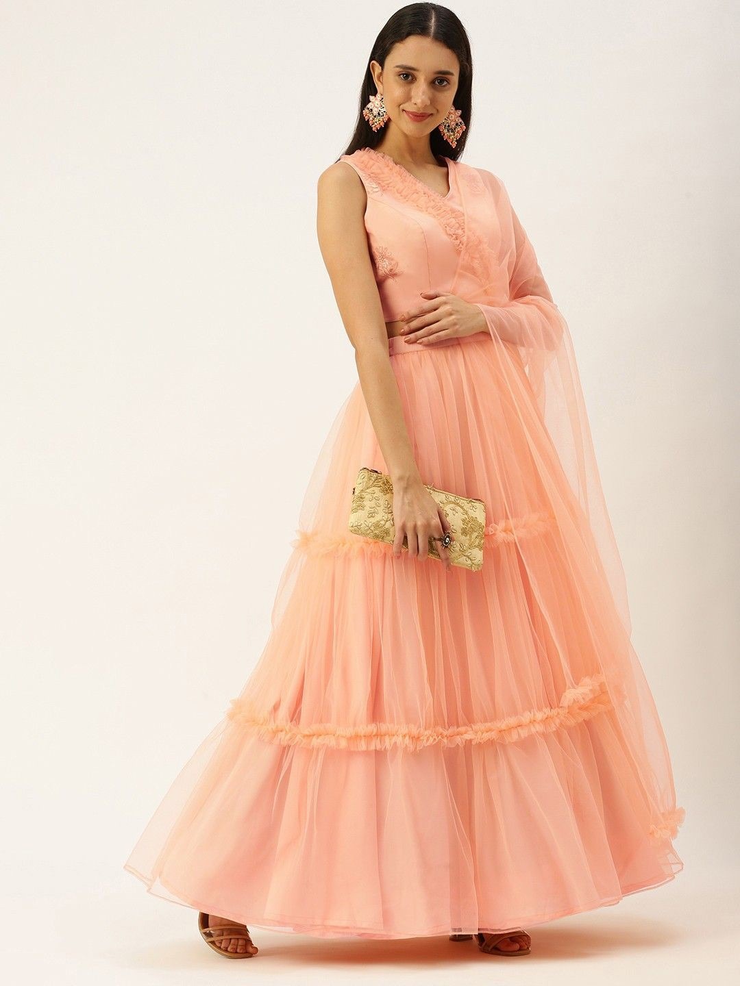 Bollywood Vogue Ready To Wear Baby Pink Organza Embroidered Lehenga - Side View