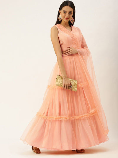 Bollywood Vogue Ready To Wear Baby Pink Organza Embroidered Lehenga - Side View