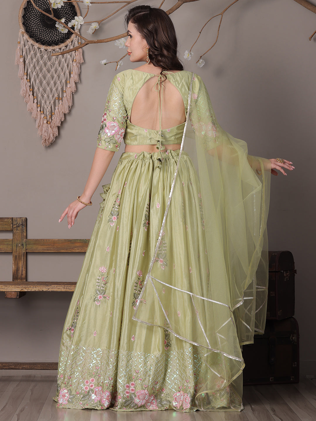 Bollywood Vogue Ready To Wear Green Chinon Embroidered Lehenga - Back View