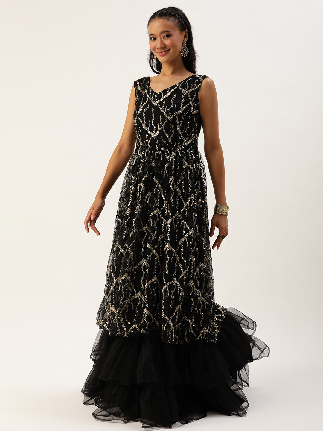 Bollywood Vogue Ready To Wear Black Net Embroidered V Neck Gown - Look Shot