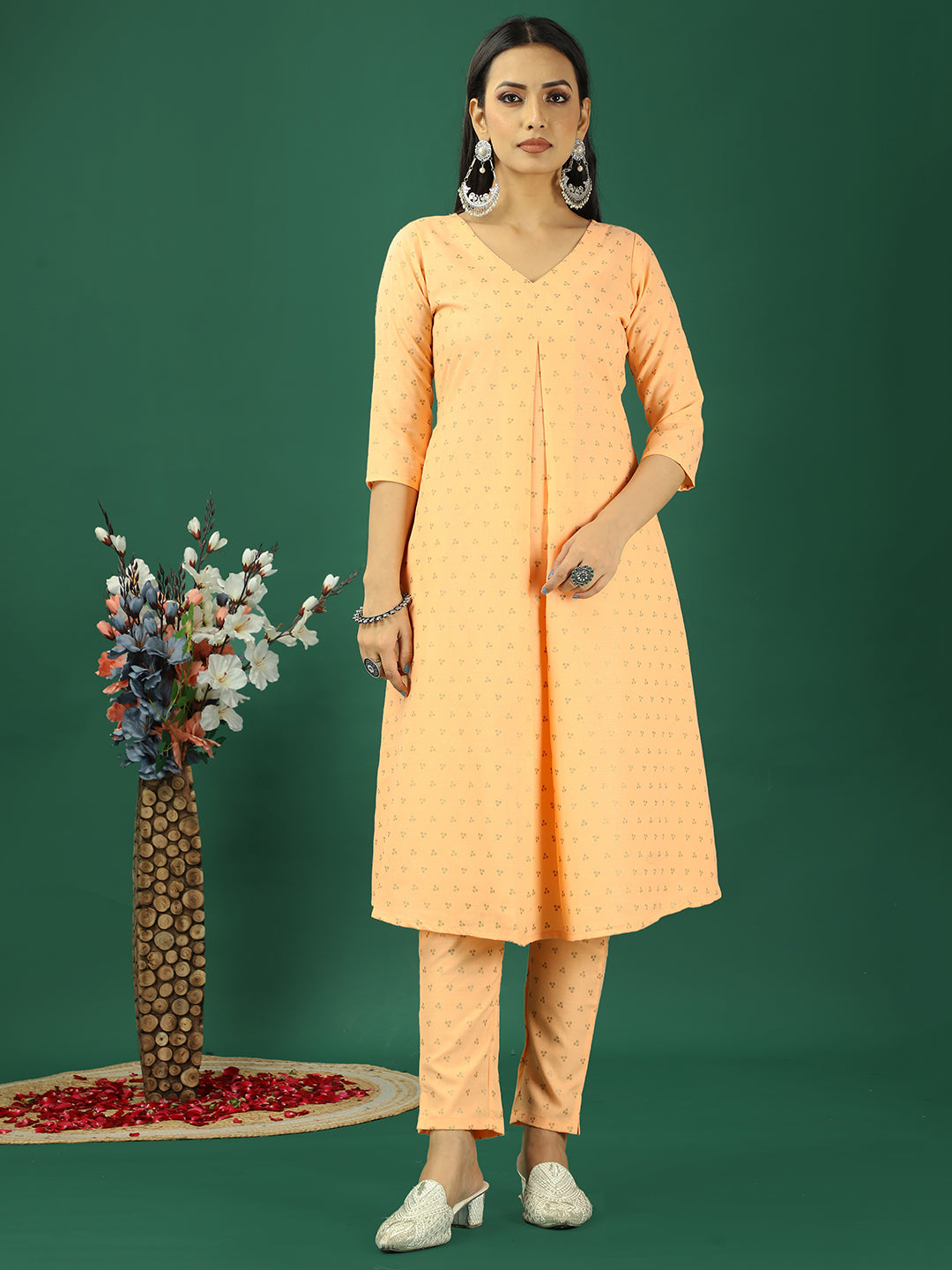 Bollywood Vogue Ready To Wear Peach Foil Printed Box Pleat Style Kurta Set - Front View