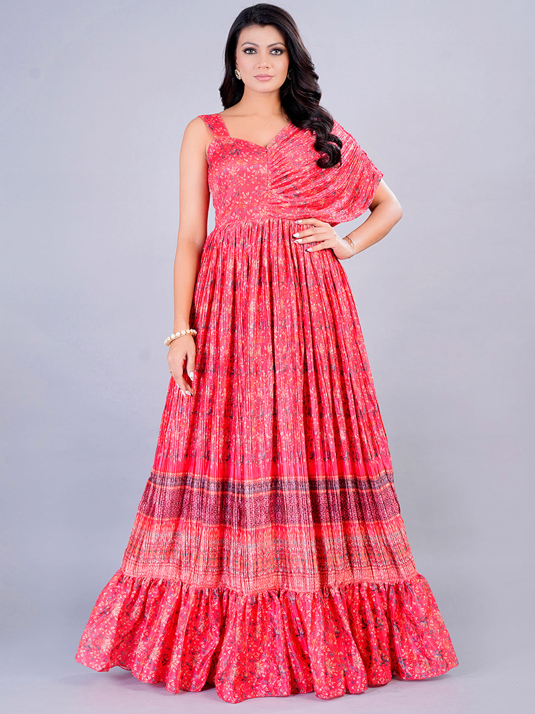 Bollywood Vogue Ready To Wear Red Chinon Digital Printed N Pleated Gown - Front View