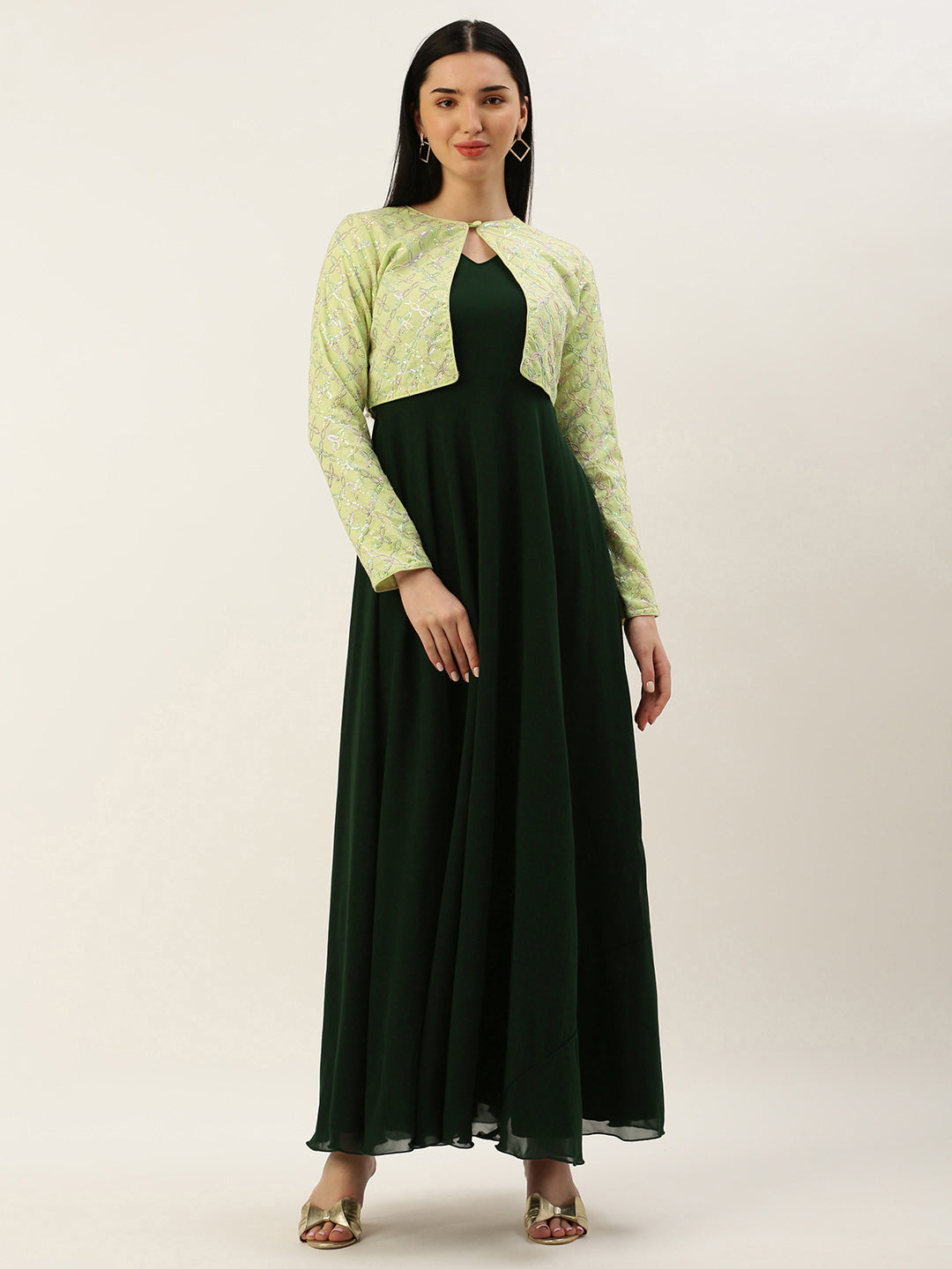 Bollywood Vogue Ready To Wear Green Cotton Embroidered Jacket Style Gown - Detail View