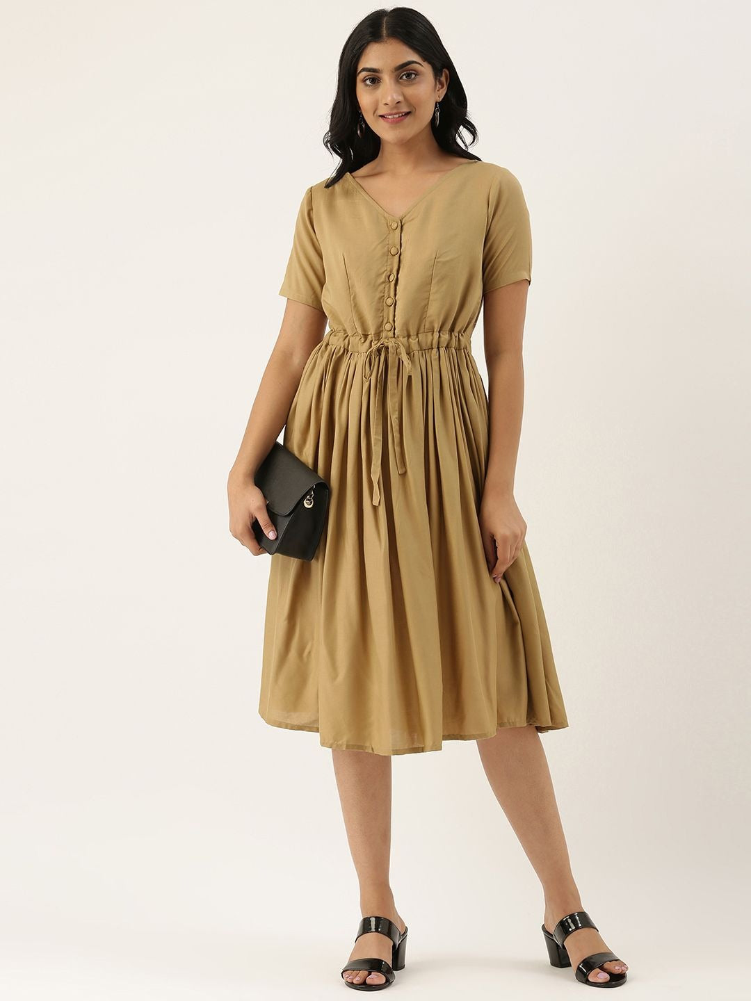 Bollywood Vogue Ready To Wear Khaki Modal V Neck Dress - Front View
