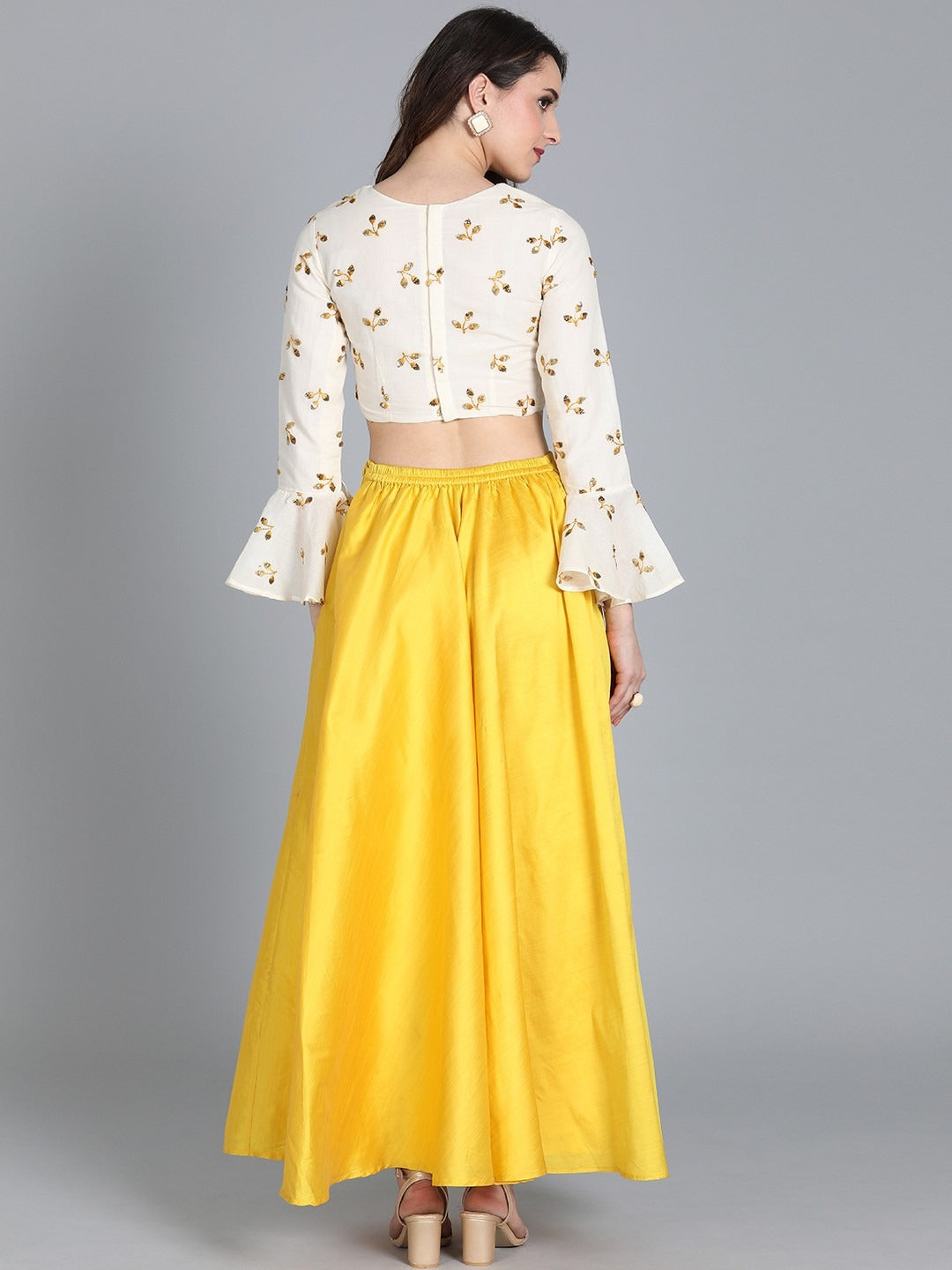 Bollywood Vogue Ready To Wear Off White Embroidered Crop Top N Skirt - Back View