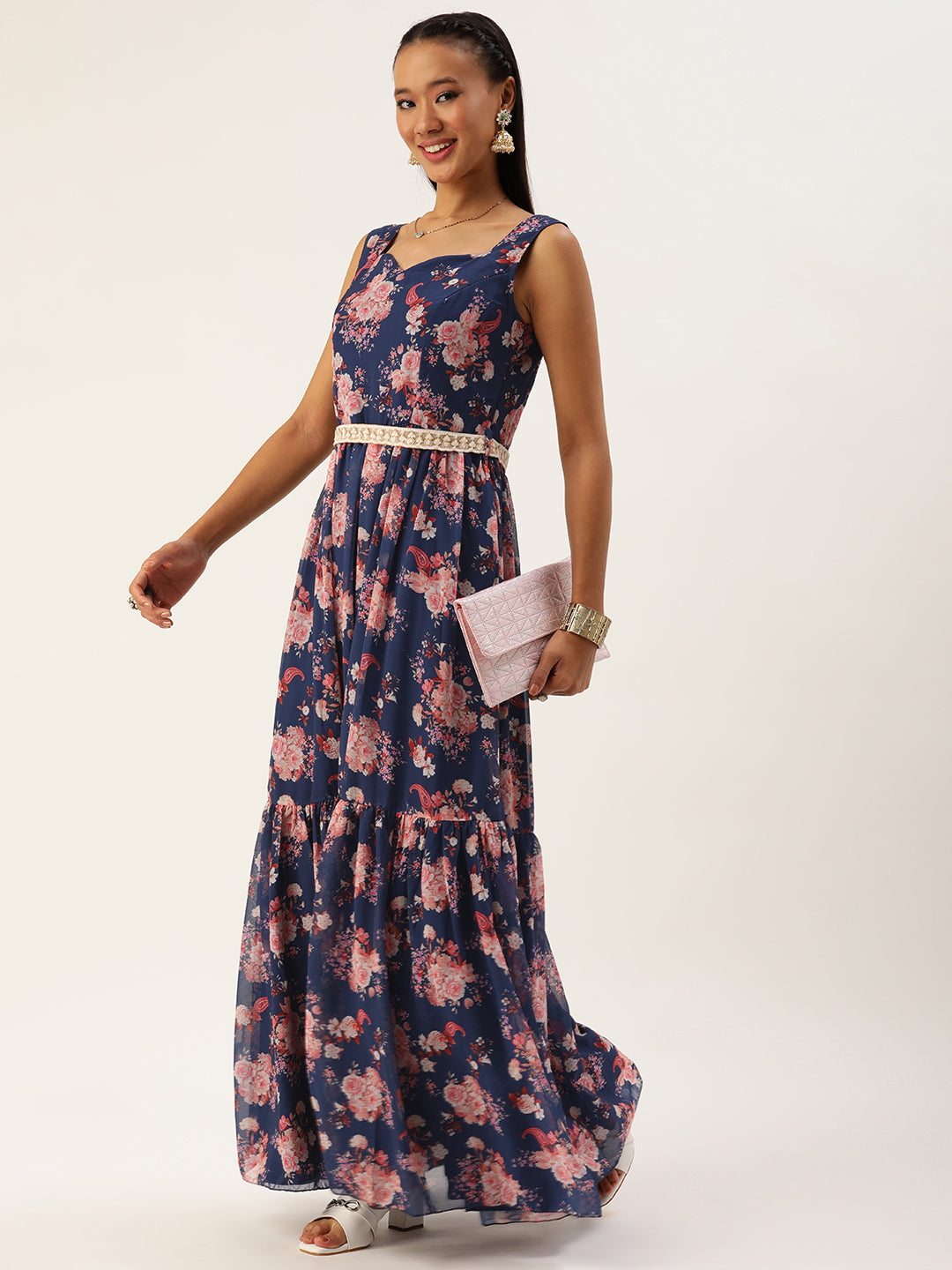Bollywood Vogue Ready To Wear Blue Georgette Digital Printed Tiered Dress - Detail View