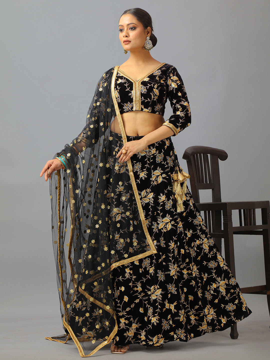Bollywood Vogue Ready To Wear Black Velvet Embroidered Lehenga Set - Front View