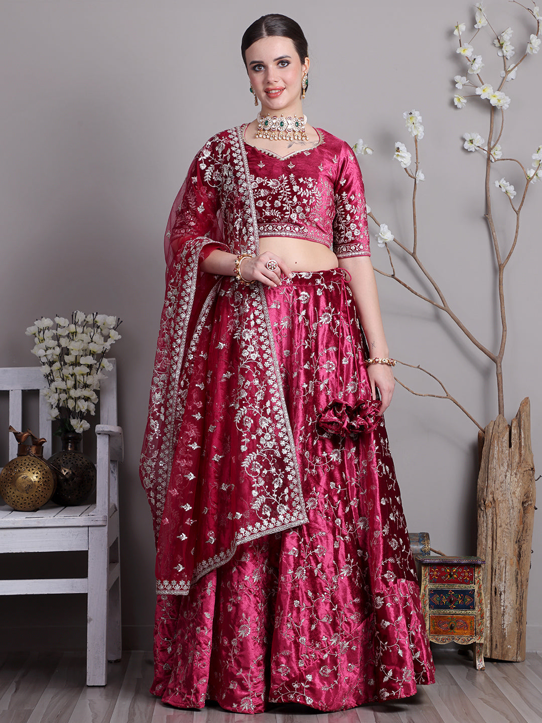 Bollywood Vogue Ready To Wear Classic Blouse With Pink Velvet Embroidered Lehenga - Front View