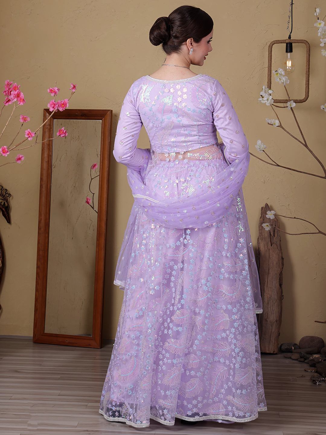 Bollywood Vogue Ready To Wear Chic Top With Net Embroidered Anarkali Palazzo Suit - Back View