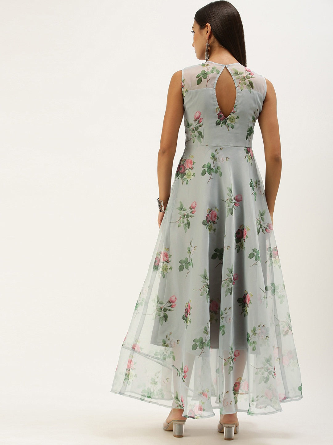 Bollywood Vogue Ready To Wear Grey Organza Digital Printed Dress - Back View