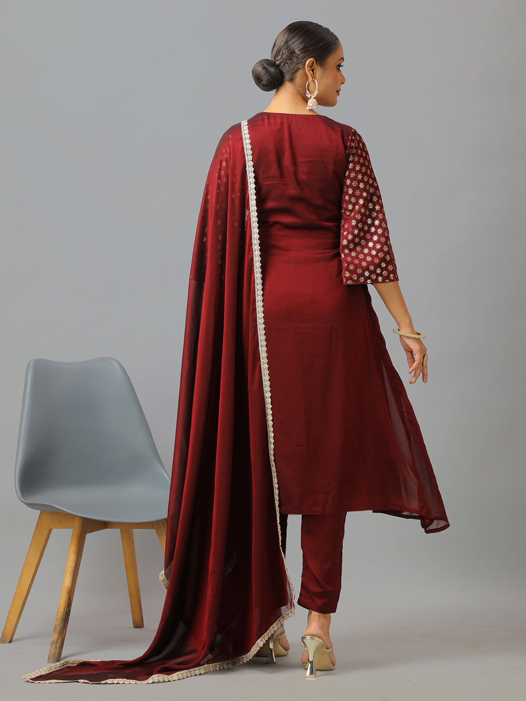 Bollywood Vogue Ready To Wear Dark Brown Silk Embroidered Straight Pant Suit - Back View