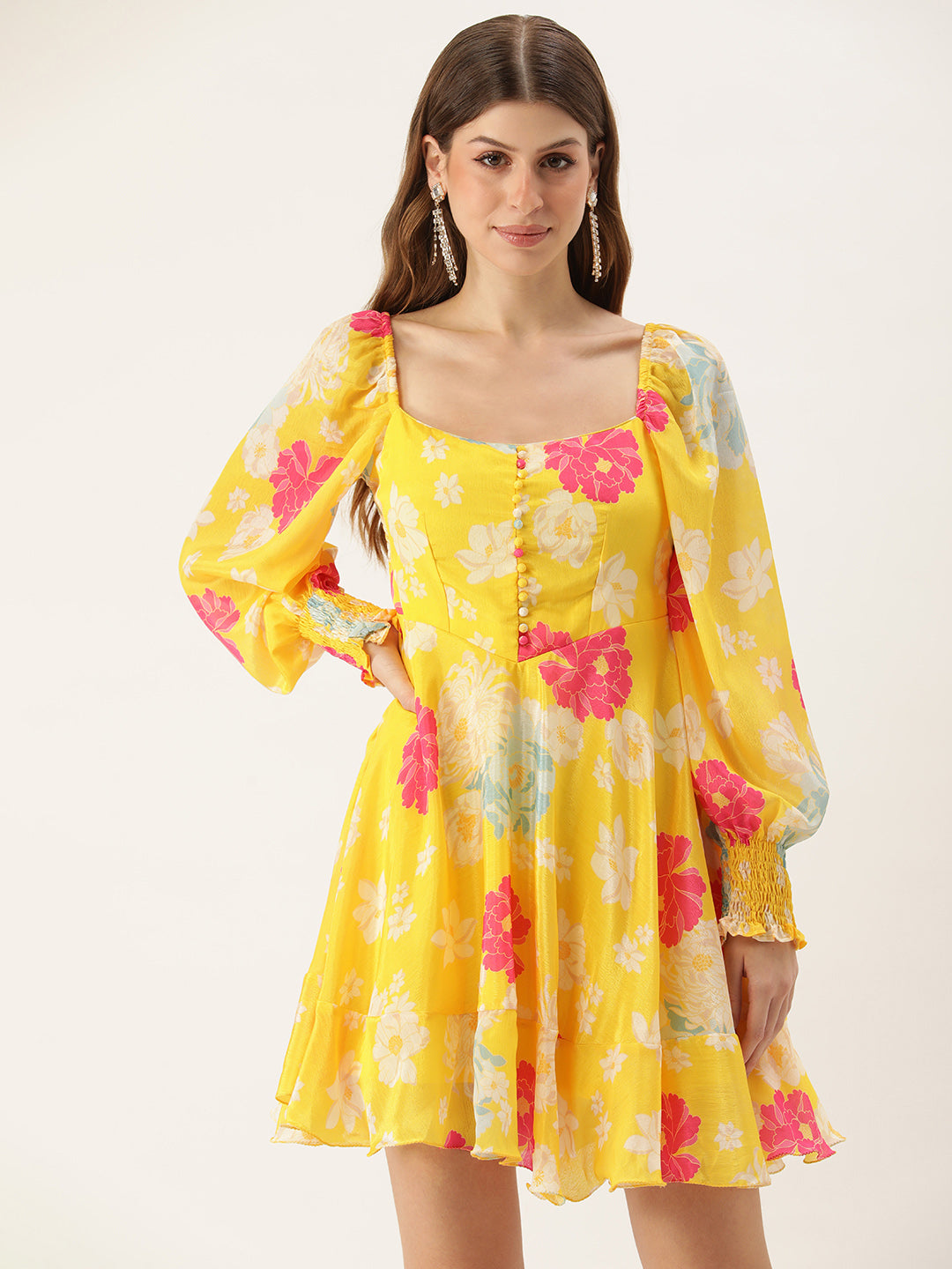 Bollywood Vogue Ready To Wear Yellow Digital Printed Chinon Smocking Dress - Additional View 1