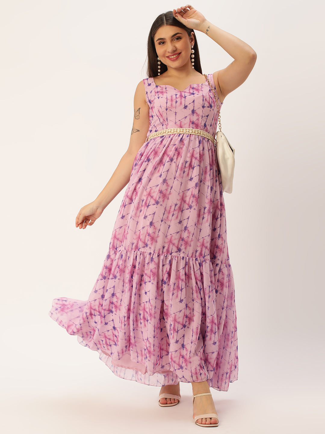 Bollywood Vogue Ready To Wear Multicolored Digital Printed Tiered Dress - Detail View