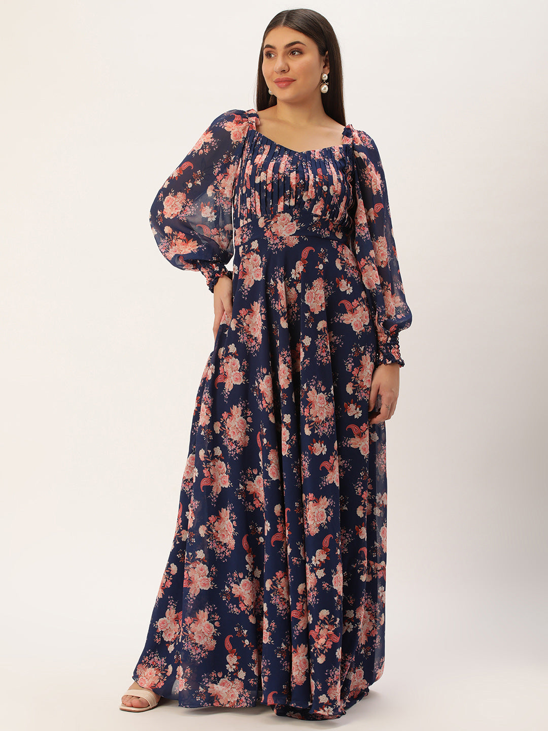 Bollywood Vogue Ready To Wear Blue Georgette Printed Pleated Yoke Gown - Detail View