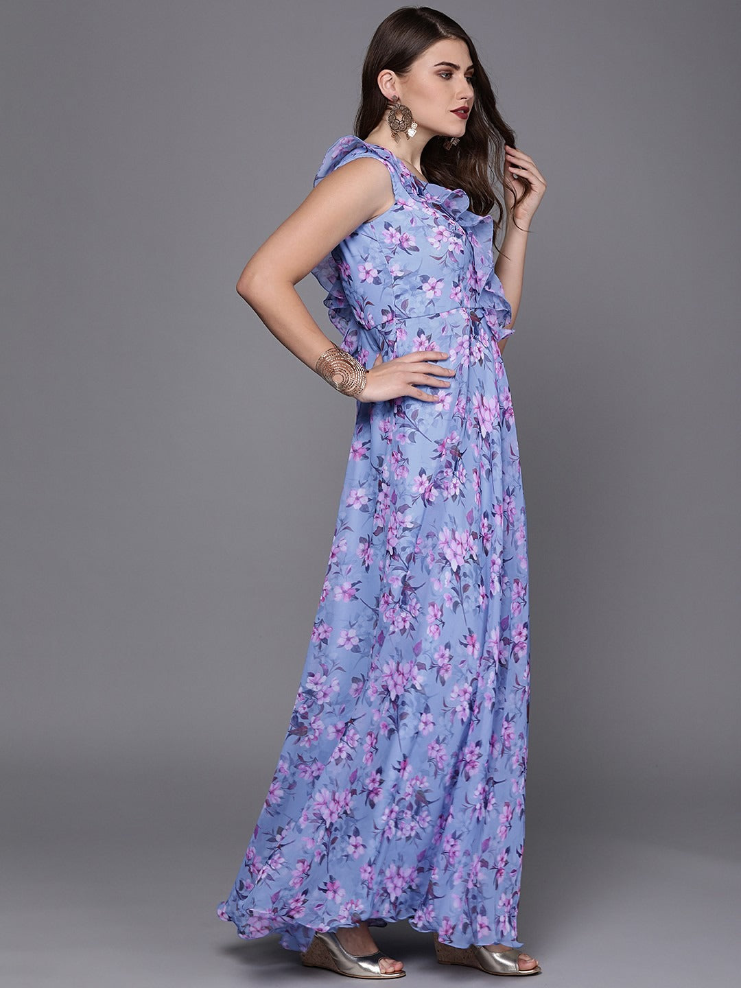 Bollywood Vogue Ready To Wear Blue Digital Print V Neck Gown - Additional View 1