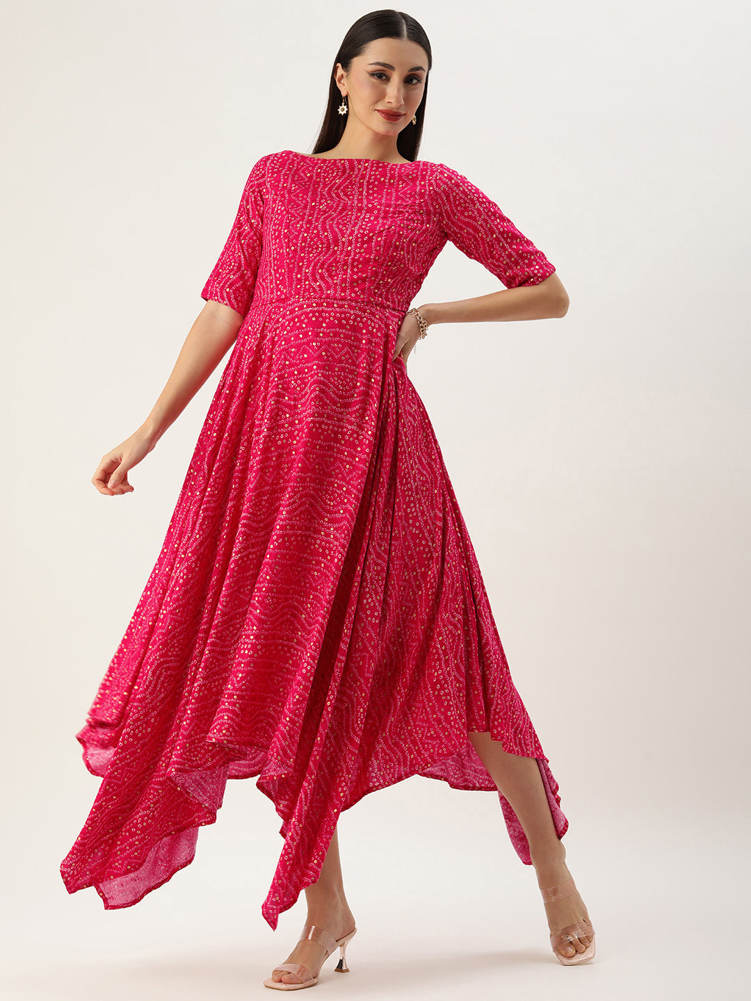 Bollywood Vogue Ready To Wear Pink Bandhani Printed Rayon Dress - Side View