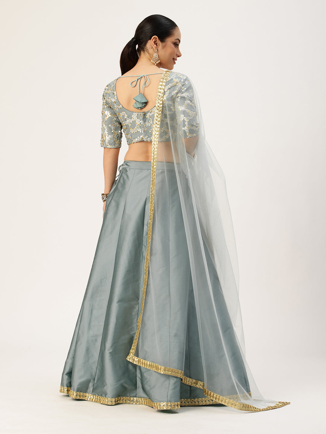 Bollywood Vogue Ready To Wear Blue Embroidered Net And Taffeta Kali Lehenga Set - Back View