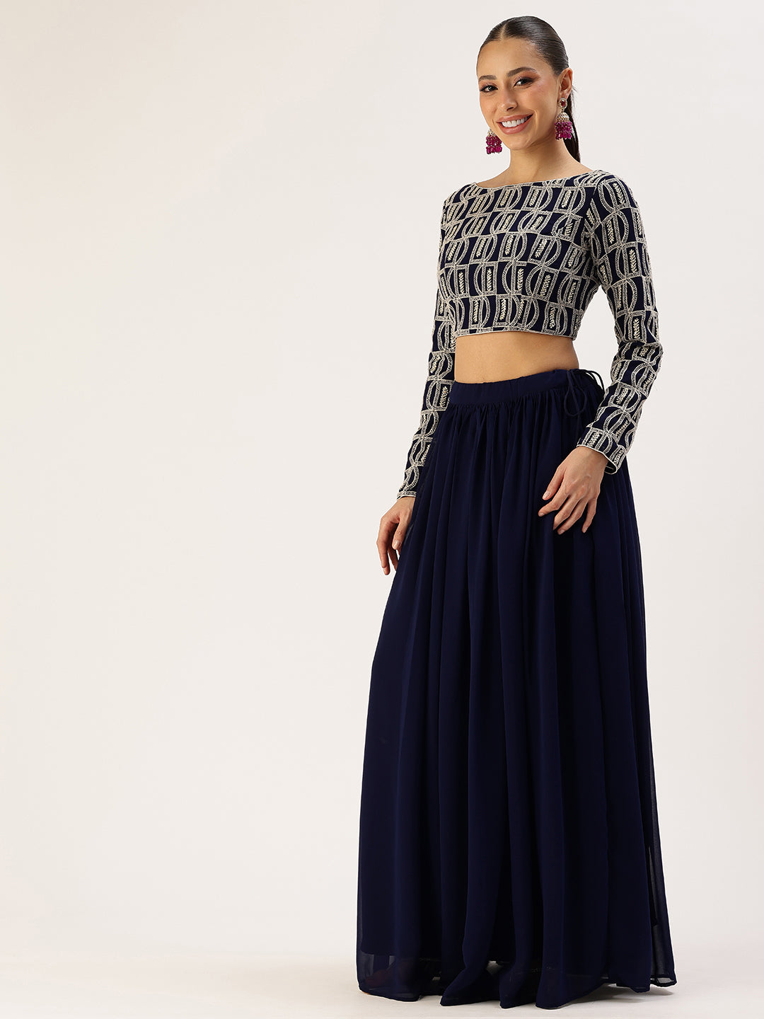 Bollywood Vogue Ready To Wear Blue Georgette Embroidered Boat Neck Lehenga - Side View