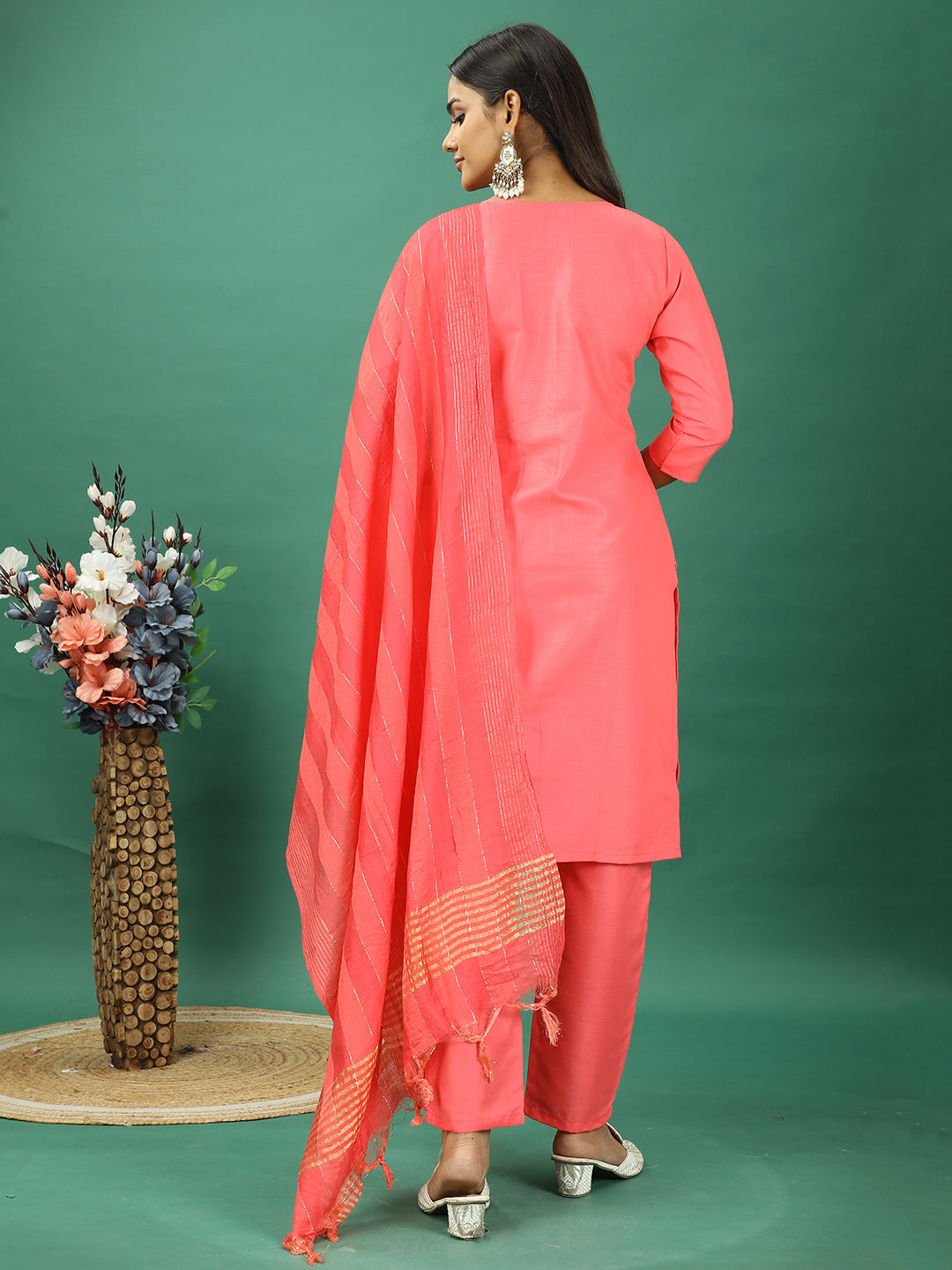 Bollywood Vogue Ready To Wear Coral Rayon Embroidered Straight Pant Suit - Back View