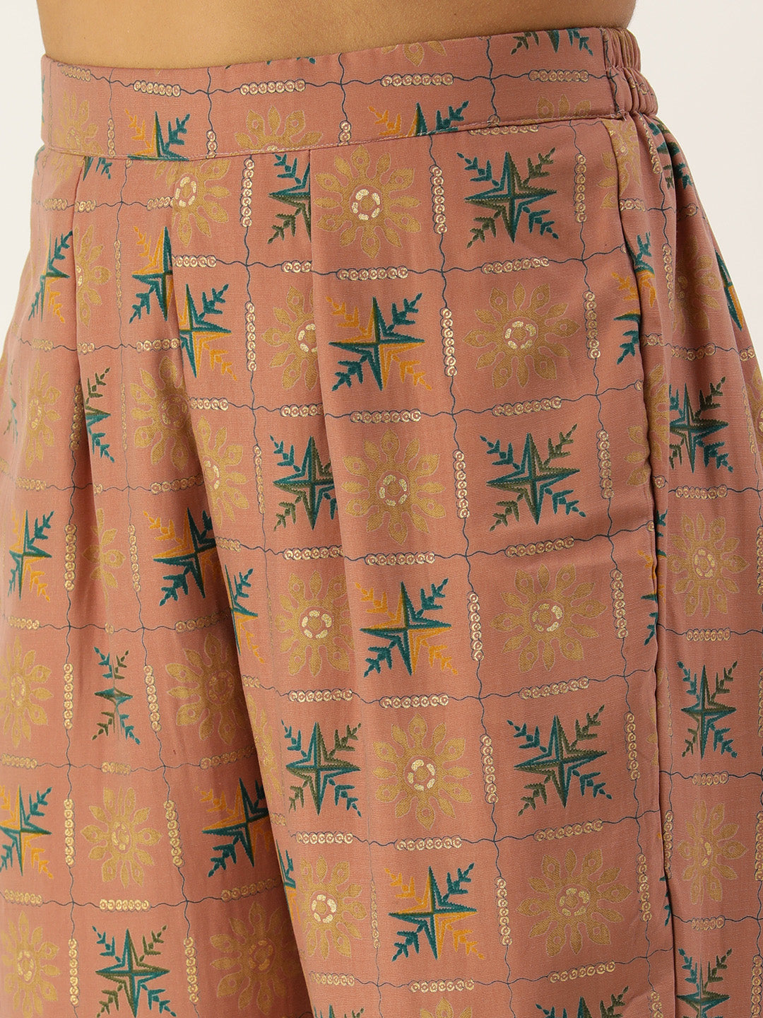 Bollywood Vogue Ready To Wear Peach Foil Print Muslin Co Ords Set - Look Shot
