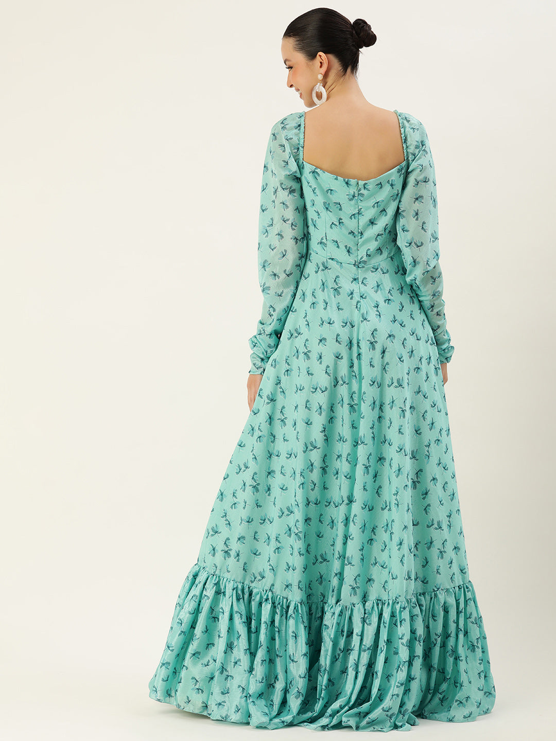 Bollywood Vogue Ready To Wear Blue Chinon Digital Printed Floor Length Gown - Back View