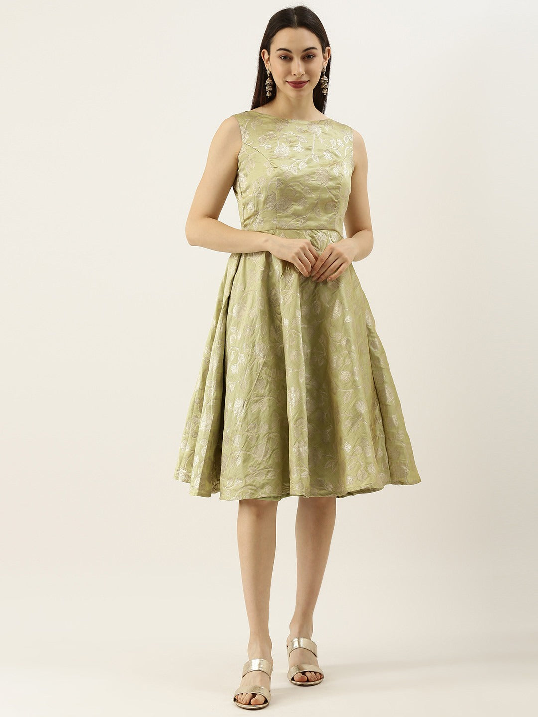 Bollywood Vogue Ready To Wear Green Brocade Boat Neck Flared Dress - Front View