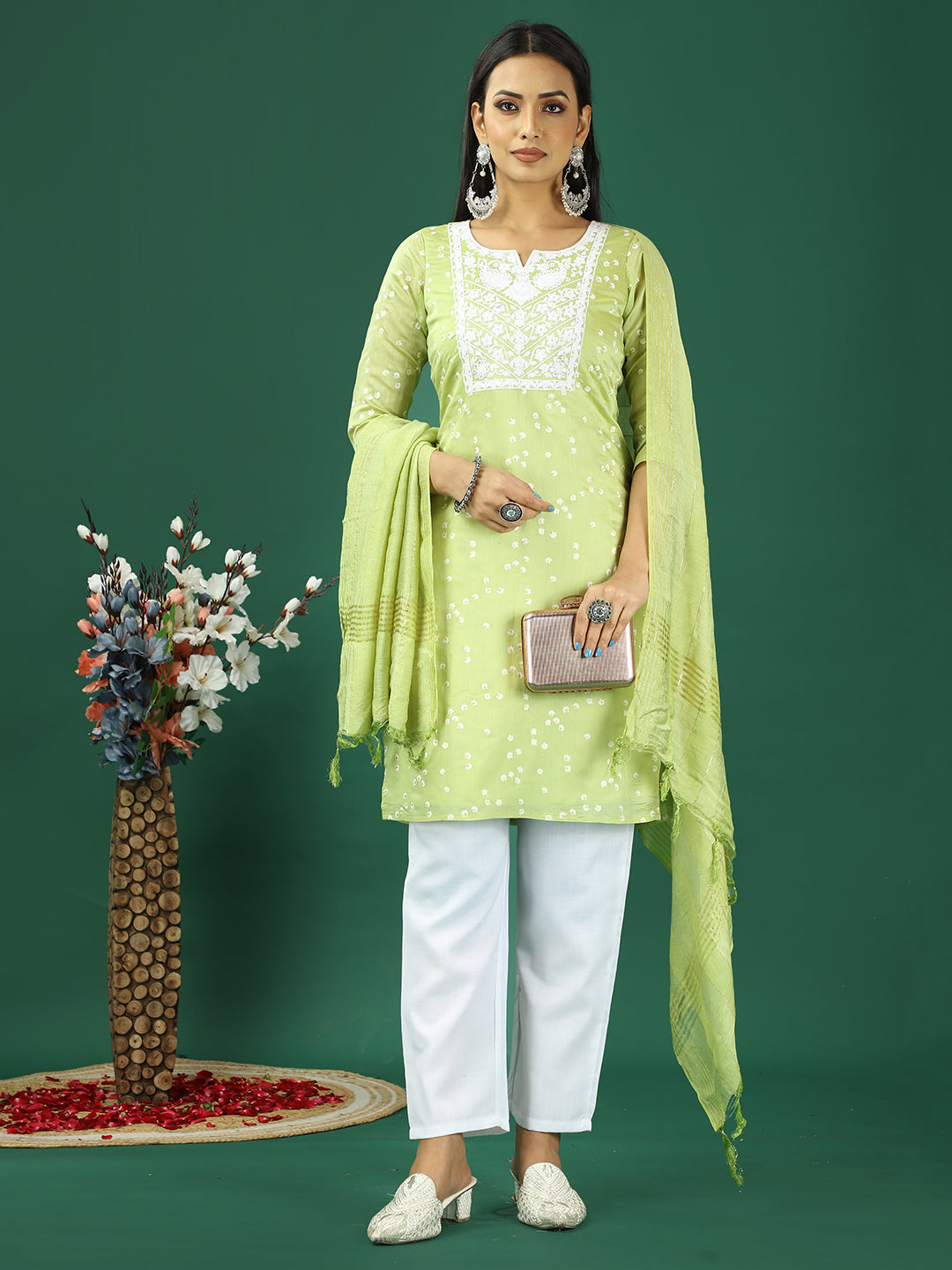 Bollywood Vogue Ready To Wear Light Green Cotton Foil Printed Straight Pant Suit - Front View