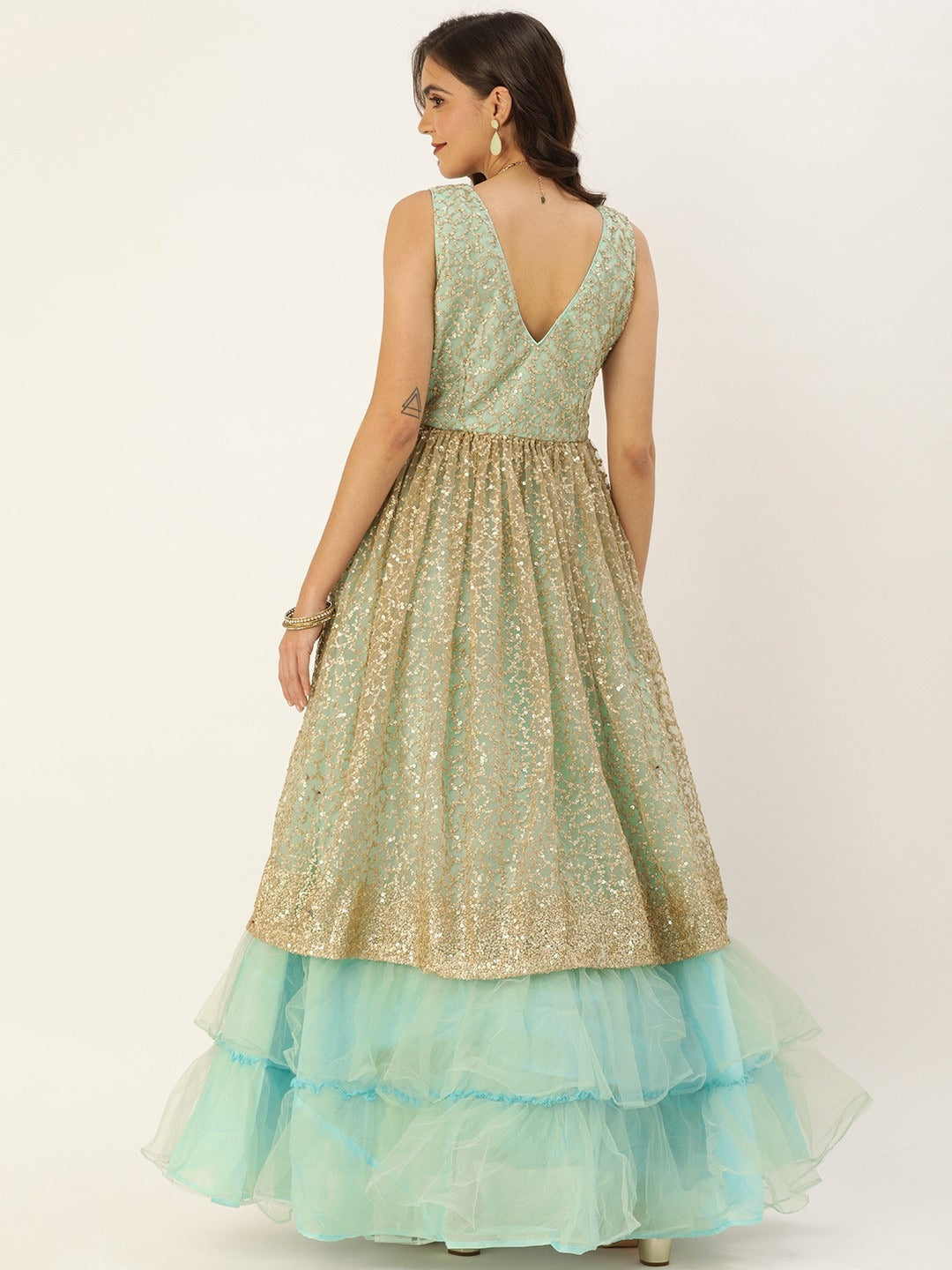 Bollywood Vogue Ready To Wear Blue N Beige Embroidered V Neck Bridal Gown - Back View