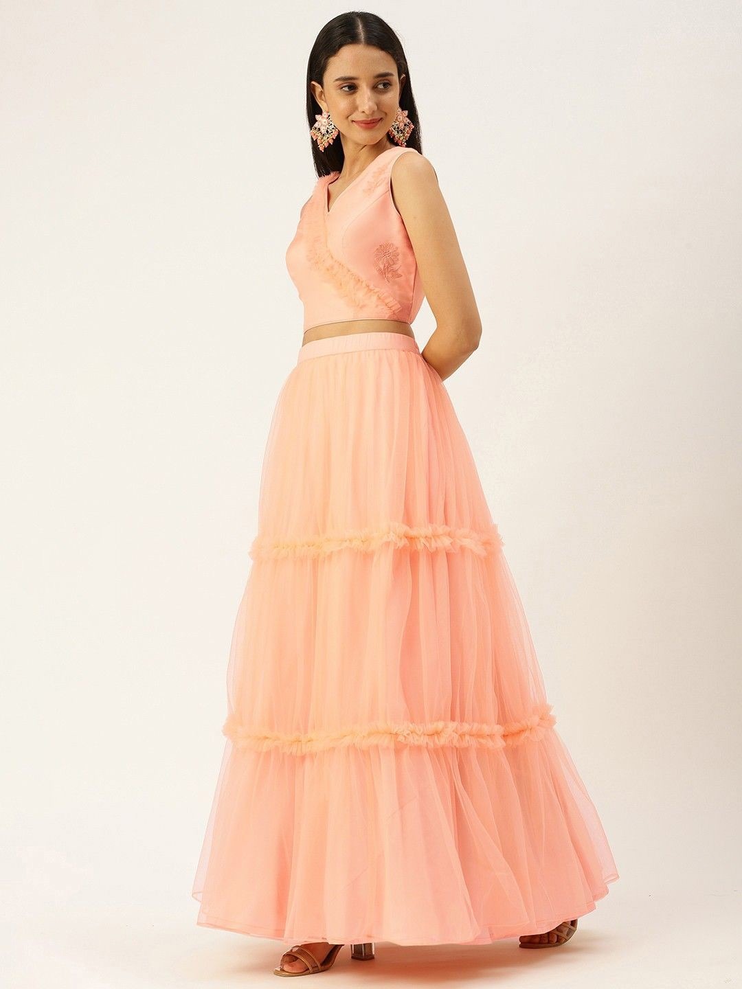 Bollywood Vogue Ready To Wear Baby Pink Organza Embroidered Lehenga - Detail View