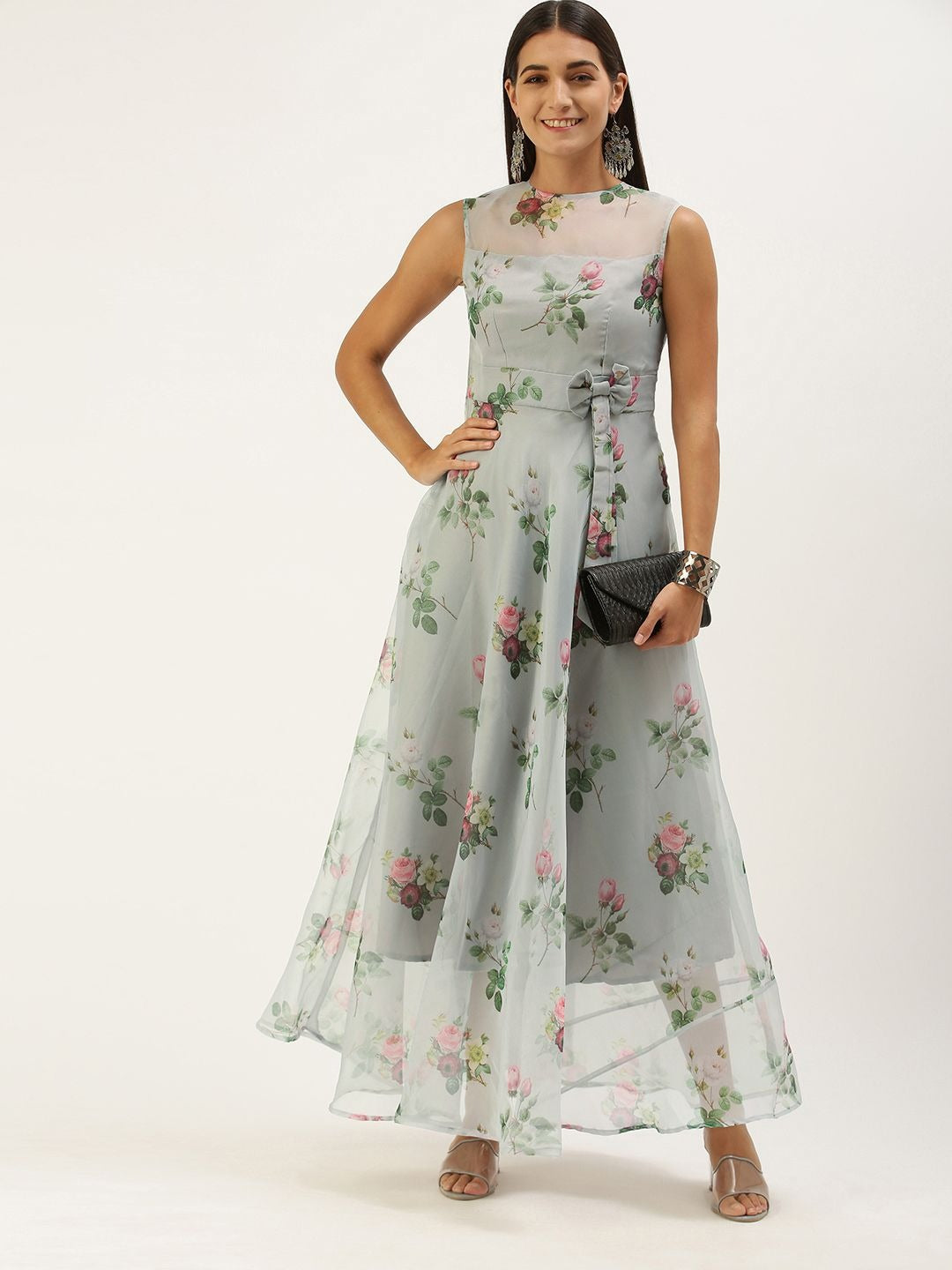 Bollywood Vogue Ready To Wear Grey Organza Digital Printed Dress - Front View