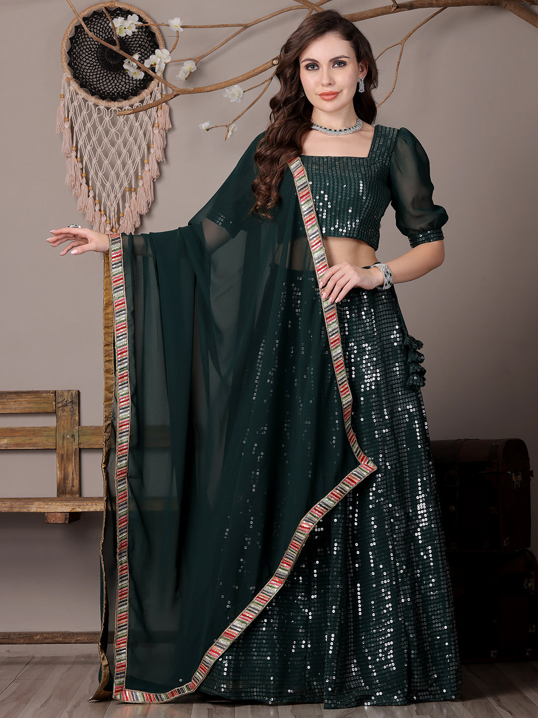 Bollywood Vogue Ready To Wear Green Georgette Embroidered Lehenga - Front View