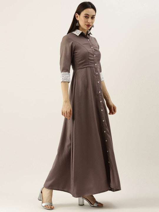 Bollywood Vogue Ready To Wear Brown N White Rayon Shirt Dress - Side View