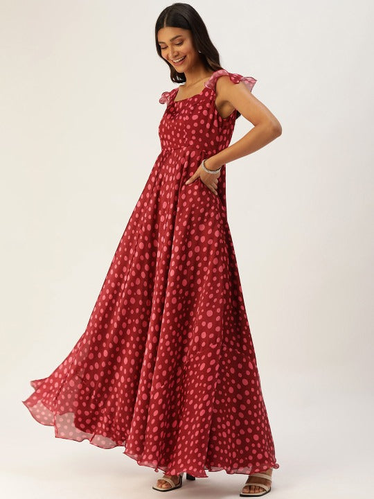 Bollywood Vogue Ready To Wear Maroon Satin Printed Bell Sleeve Gown - Side View