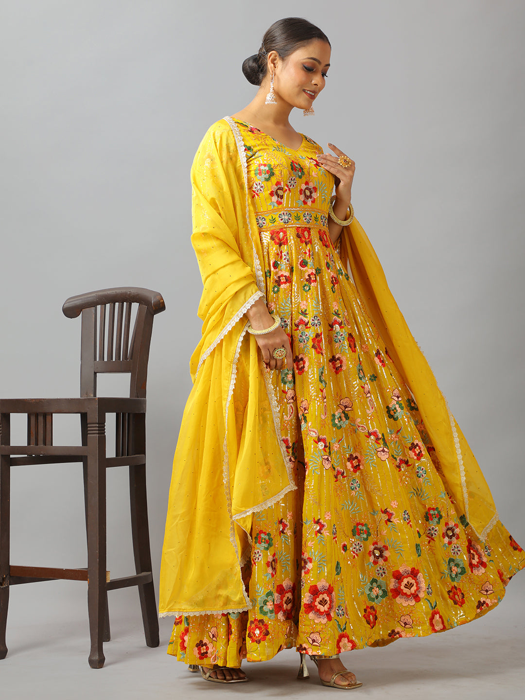 Bollywood Vogue Ready To Wear Classic Top N Mustard Embroidered Anarkali Suit - Side View