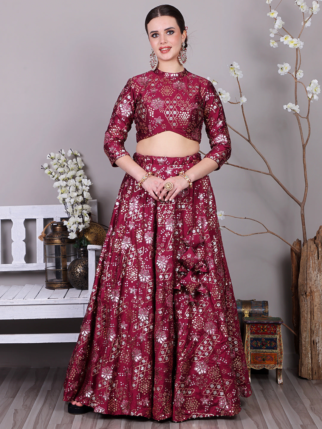 Bollywood Vogue Ready To Wear Classic Blouse With Wine Embroidered Lehenga Set - Side View