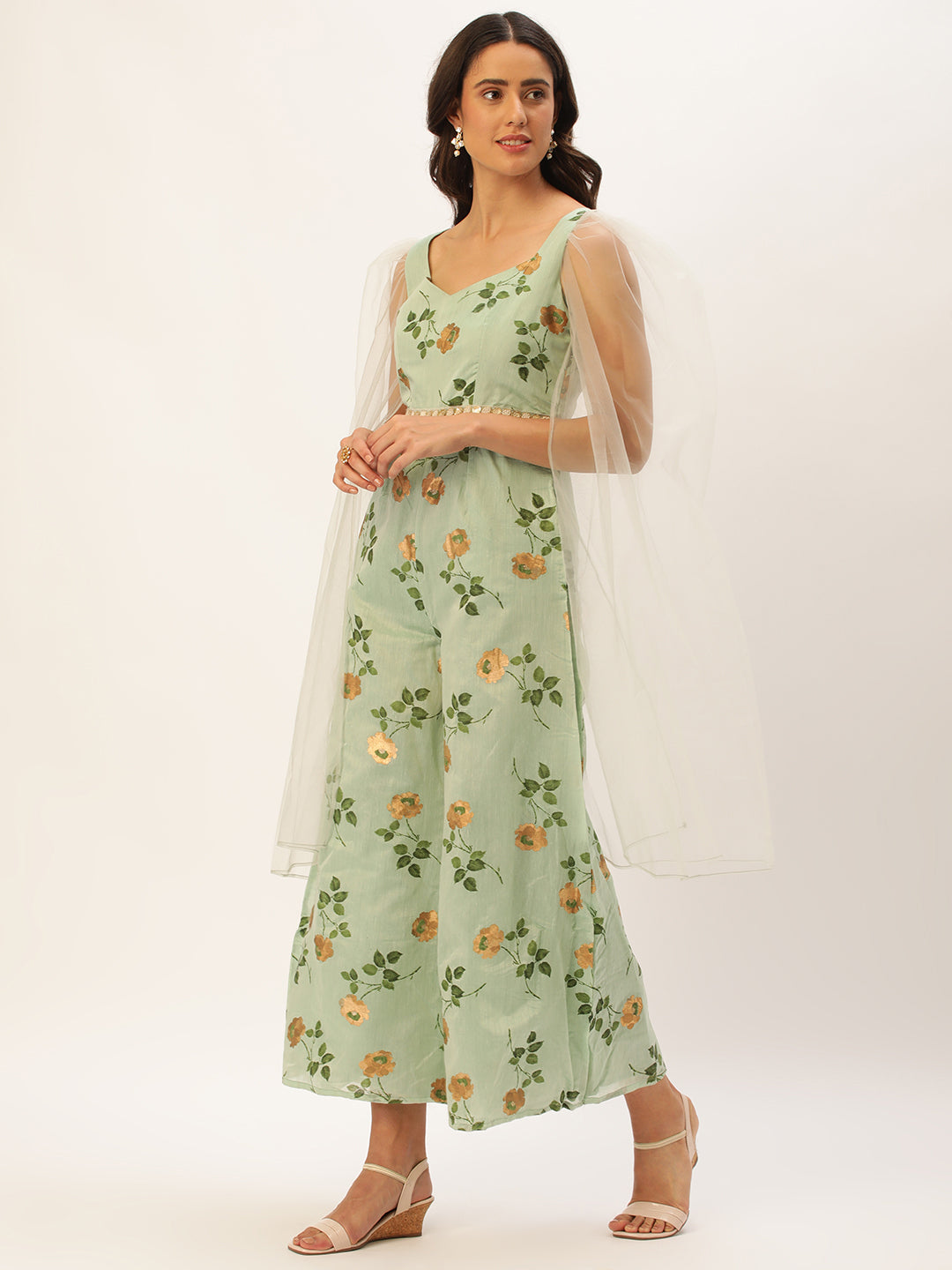 Bollywood Vogue Ready To Wear Green Art Silk Foli Print Jumpsuit - Look Shot