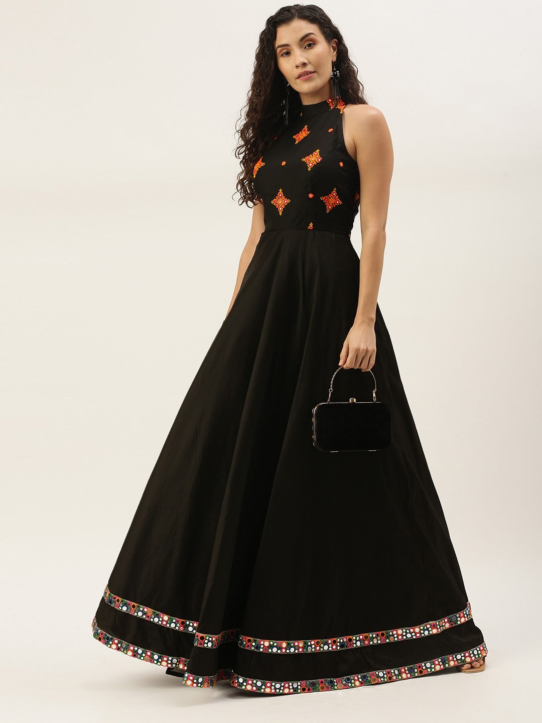 Bollywood Vogue Ready To Wear Black Embroidered Halter Neck Embellished Gown - Side View