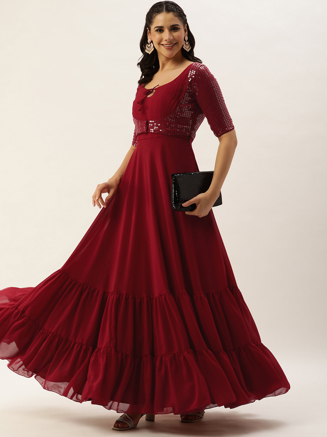 Bollywood Vogue Ready To Wear Maroon Embroidered Georgette Jacket Style Gown - Detail View