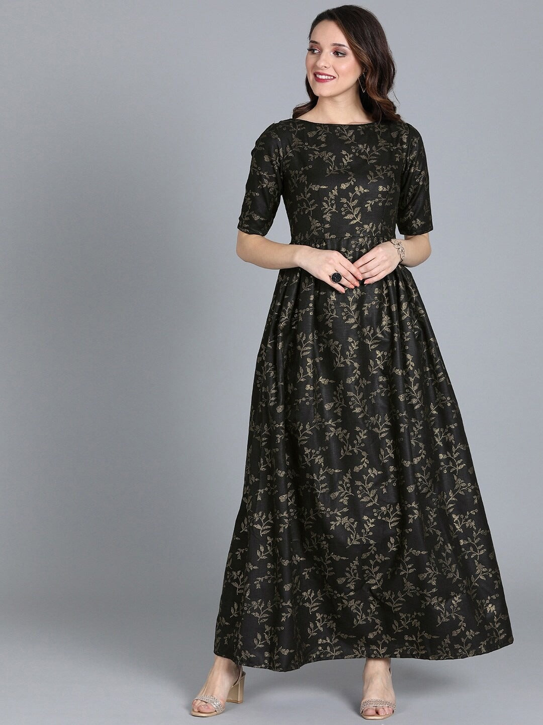 Bollywood Vogue Ready To Wear Black Printed Rayon Boat Neck Gown - Front View