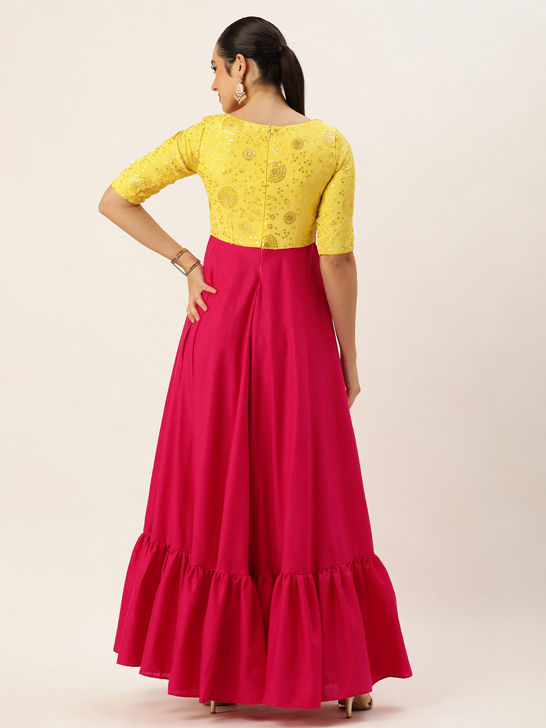 Bollywood Vogue Ready To Wear Yellow N Pink Chinon Embroidered Gown - Back View
