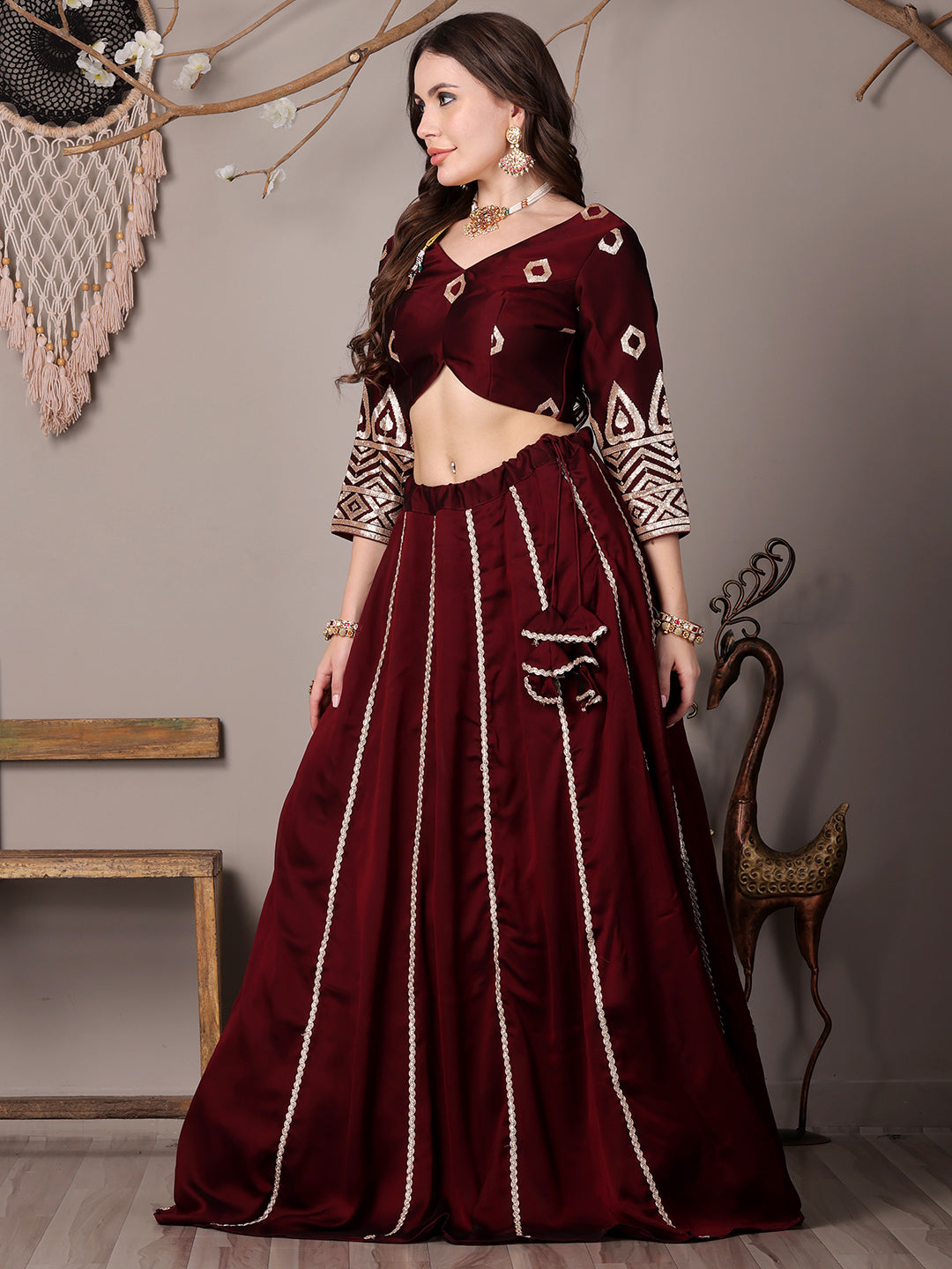Bollywood Vogue Ready To Wear Wine Silk Embroidered Kali Style Lehenga - Additional View 2