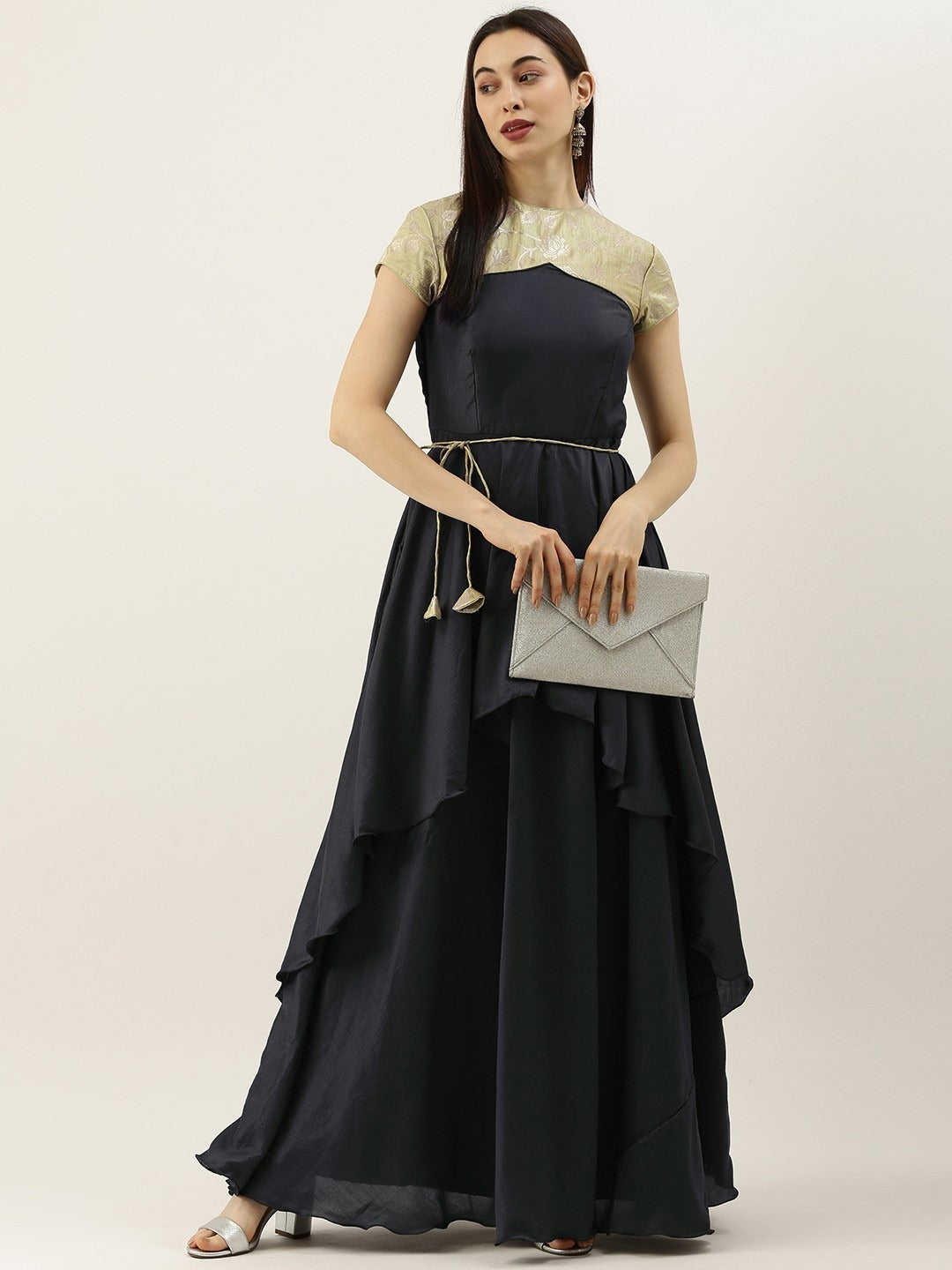 Bollywood Vogue Ready To Wear Green N Dark Grey Layered Floor Length Gown - Front View
