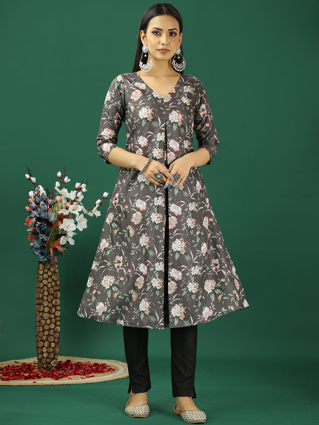 Bollywood Vogue Ready To Wear Grey Printed Cotton Box Pleat Style Kurta Set - Front View