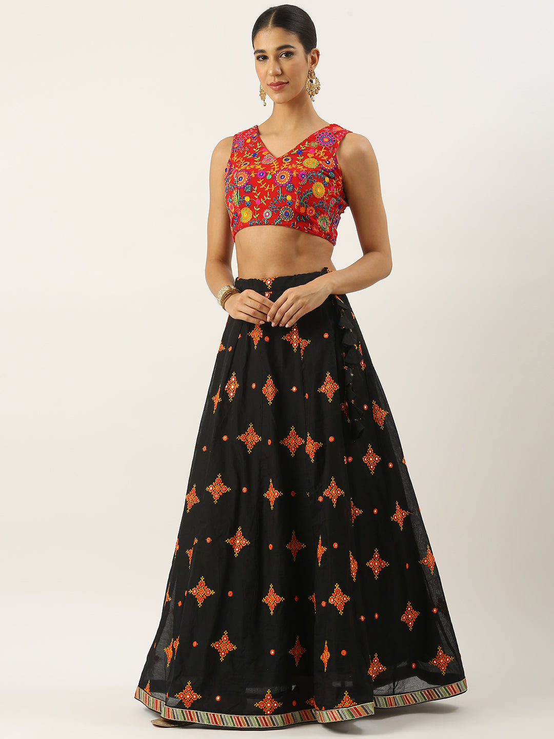 Bollywood Vogue Ready To Wear Red N Black Embroidered Cotton Lehenga Set - Side View