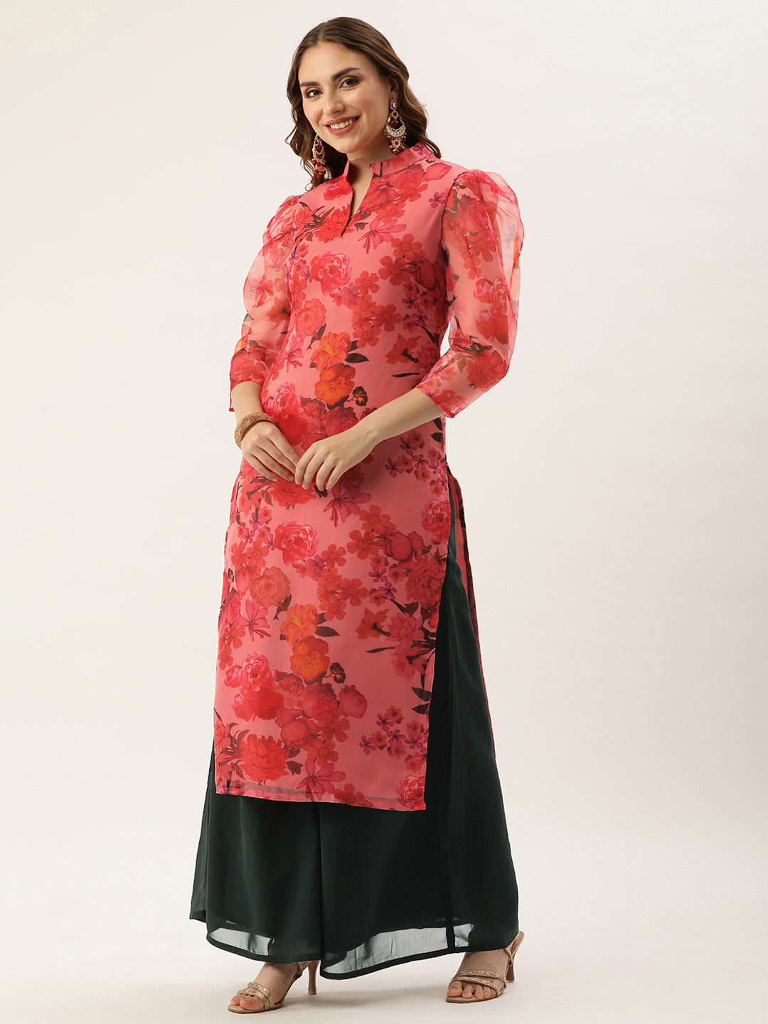 Bollywood Vogue Ready To Wear Pink Organza N Green Kurta Palazzo Set - Side View