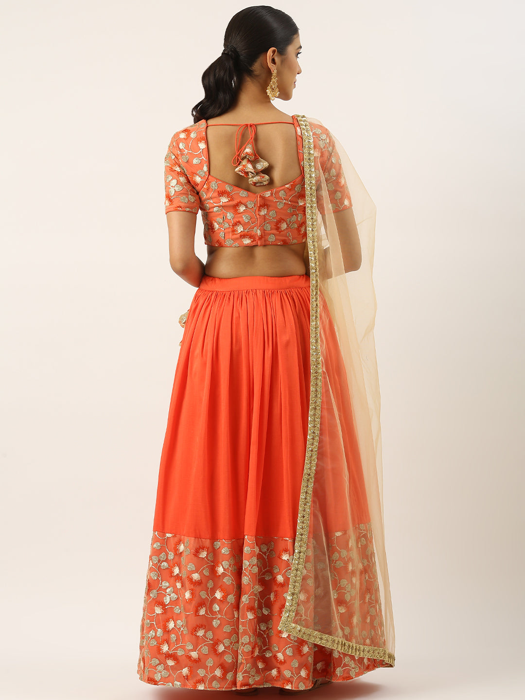 Bollywood Vogue Ready To Wear Beige N Orange Embroidered Net Lehenga Set - Back View