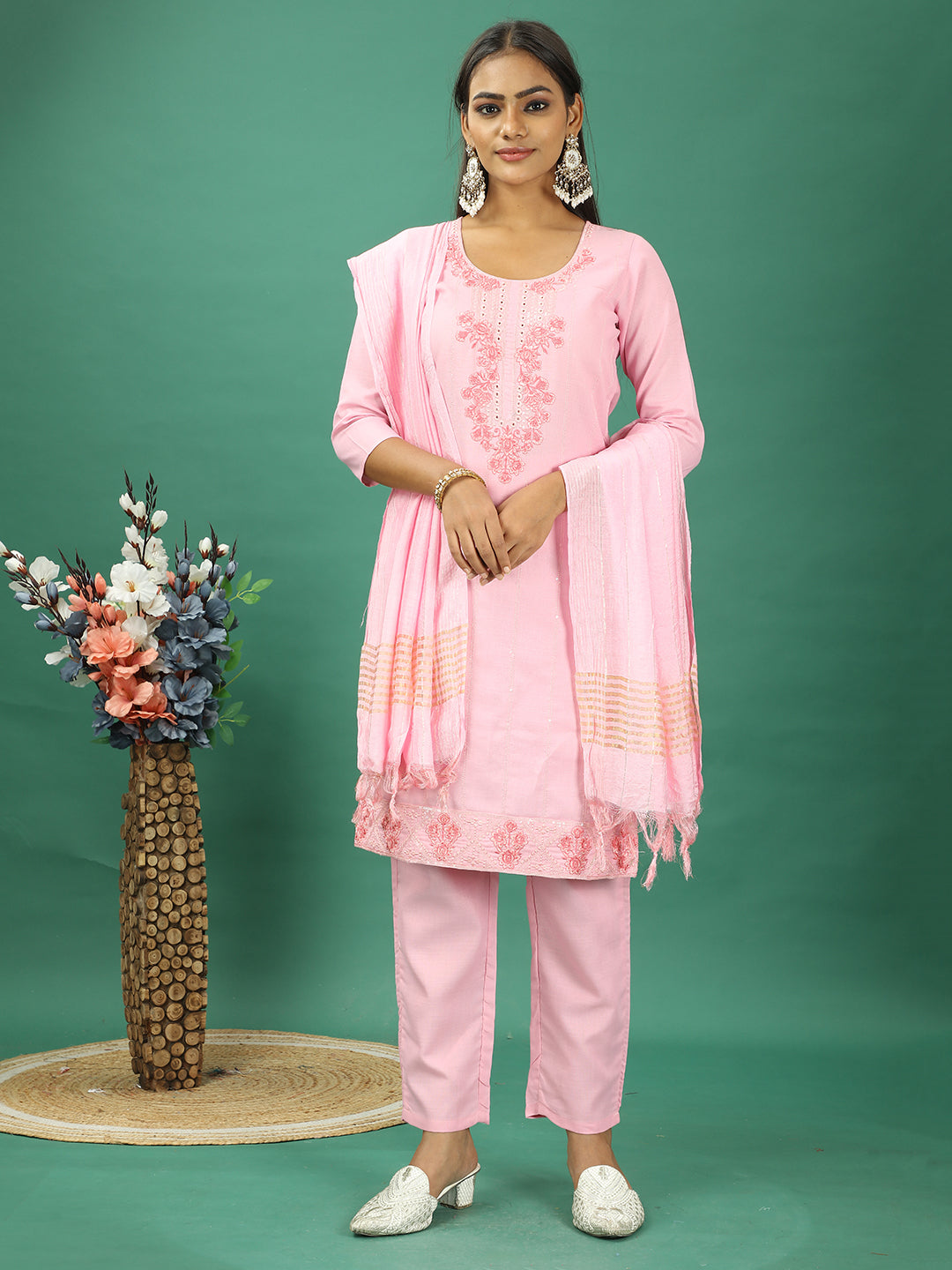 Bollywood Vogue Ready To Wear Pink Rayon Embroidered Straight Pant Suit - Front View