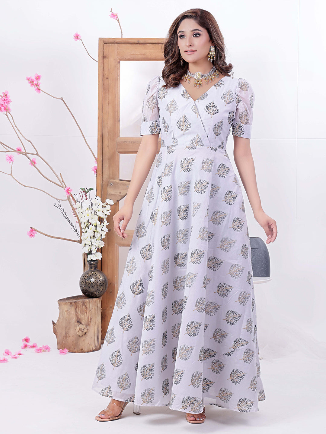 Bollywood Vogue Ready To Wear Lilac Hint Chanderi Silk Maxi Dress - Front View