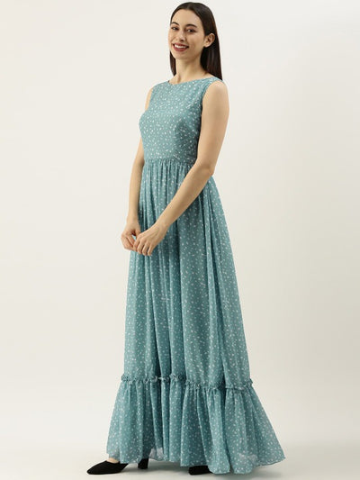 Bollywood Vogue Ready To Wear Blue N White Digital Printed Georgette Tiered Dress - Side View