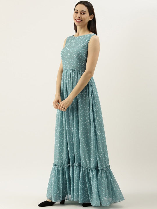 Bollywood Vogue Ready To Wear Blue N White Digital Printed Georgette Tiered Dress - Side View